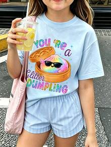 青少年女孩休閒趣味印花圓領短袖套頭T恤夏季上衣 - 淺藍色 - 查看 1