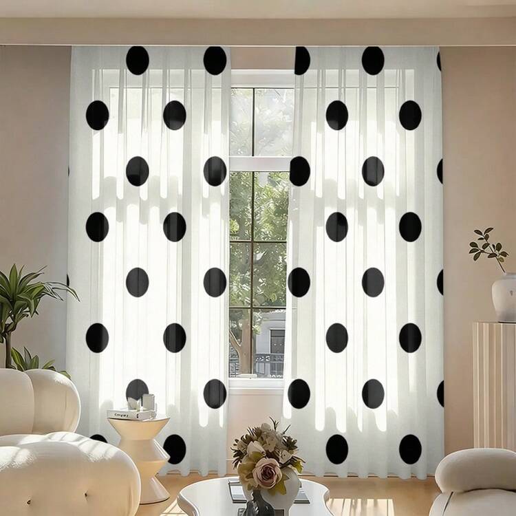 2PCS Minimalist Black Polka Dot Print Light Sheer Curtains, 90GSM Semi-Sheer For Privacy Protection. Easy Rod Pocket Installation, Fade-Resistant After Washing, Lightweight And Washable. Ideal For Home, Room And Kitchen Decor & Space Dividers. - Multicolor - View 7