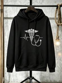 Medizinischer Caduceus-Stethoskop-Hoodie aus hochwertigem Stoff, Kunstdruck, Street Hip-Hop-Stil, atmungsaktiv - Schwarz - Übersicht 2
