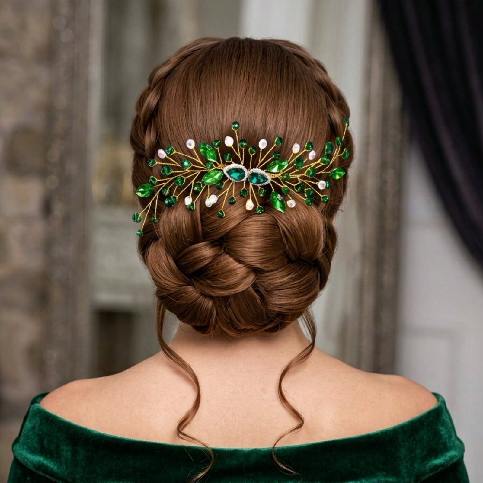 1pc Shiny Green Rhinestone Bridal Hair Comb Women's Headpiece Suitable For Wedding Party