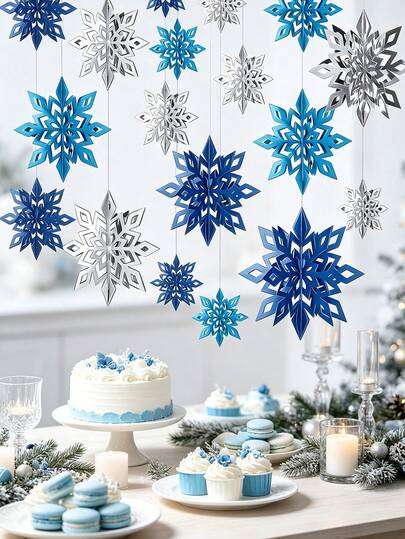 6/1pc Blue & White 3D Snowflake Decorations, Suitable For Christmas, Winter, Thanksgiving, New Year, Birthday Party - Home Decor, Party Supplies, Holiday Decorations, Elegant Snowflake, Decorative Accents, Winter Decor, Holiday Atmosphere