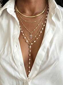 5pcs Vintage Metal Cross Pendant Y-Shaped Necklace Bohemian Style Gold-Tone Faux Pearl Long Necklace - Yellow Gold - View 4