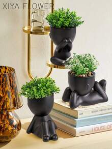 1/3pcs Artificial Succulent Plants, Single Small Human-Shaped Succulent Potted Plant, 3 Styles Available, Black Pot, Cartoon Design, PP Material, PE Material, Green, Desktop Decoration, Home Decor, Garden Decoration, School, Valentine's Day Gift, Dorm, Office Decoration - Black - View 2