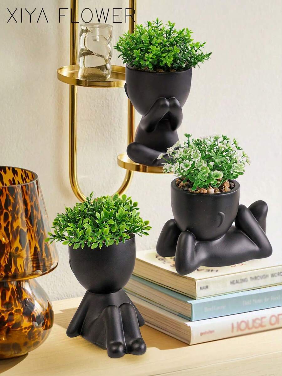 1/3pcs Artificial Succulent Plants, Single Small Human-Shaped Succulent Potted Plant, 3 Styles Available, Black Pot, Cartoon Design, PP Material, PE Material, Green, Desktop Decoration, Home Decor, Garden Decoration, School, Valentine's Day Gift, Dorm, Office Decoration