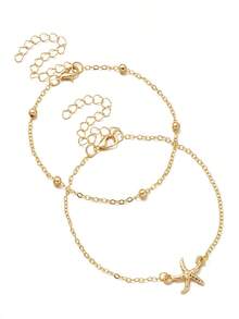 Bohemian Beach Vacation Style Starfish Pendant Double Layer Anklet, Minimalist Niche Outfit Anklet Jewelry - Gold - View 3