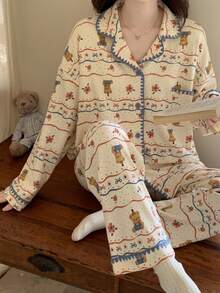 2pcs/Set Women's Pajamas Spring/Autumn Long Sleeve Long Pants Skin-Friendly Homewear Cute Puppy Print Open Front Set - Multicolor - View 2