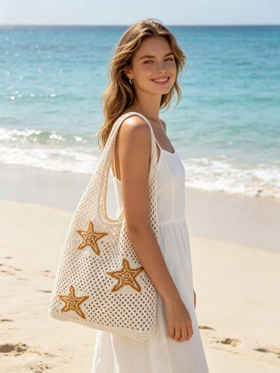 Women's Summer Beach Tote Bag - Crochet Design With Turtle Pattern, Large Capacity Open Handle, Suitable For Casual Outings And Beach Vacations