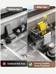 1pc Stainless Steel Kitchen Sink Caddy, Sponge Holder & Dish Soap Organizer With Towel Bar, Drip Tray, Drain Rack, Brush Holder For Countertop, Dishcloth, Scrubber, Soap, Bottle, Small Kitchen Sink Storage - Multiple Styles and Colors - View 4