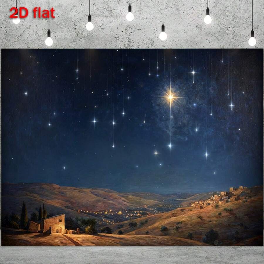 [2d Flat Banner] 1 Piece Of Background Cloth For The Birth Scene Of Bethlehem, The Banner Background Of The Plane Religious Party With Starry Sky And Shining Star, And The Banner Background That Can Be Used For Various Christmas Festivals. - 1 - View 1