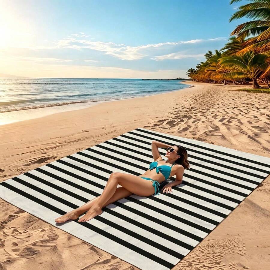 1pc Oversized Classic Striped Sand-Resistant Quick-Dry Beach Towel Mat, Suitable For 1-3 Adults - Lightweight, Durable Polyester Fabric - Perfect For Travel, Camping, Hiking And Leisure Beach Time, Beach Mat, Picnic Mat, Camping Ground Cover - Multicolor - View 1
