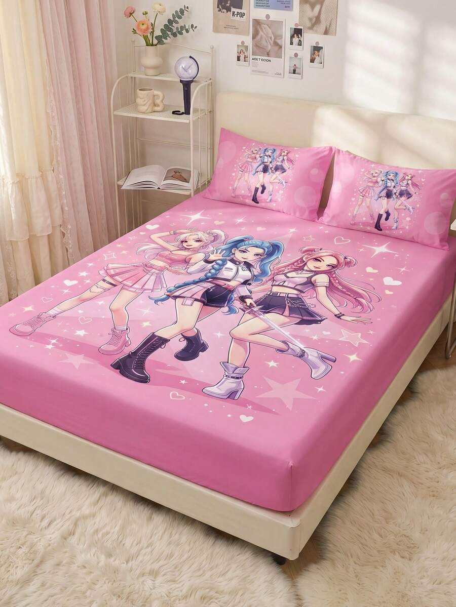 1pc K-POP Pattern Fitted Sheet, Mattress Protector, Bed Cover, Fitted Sheet, Wrinkle-Resistant, Breathable, Warm, Suitable For All Bed Sizes, Suitable For School Dormitory Bedding, Bedroom Decor, Bedding, (Pillow And Pillowcase Not Included), Machine Washable - Multicolor - View 1