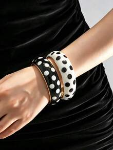 1/2pcs Black & White Polka Dot Bracelet Set, 2pcs Thick Metal Open Bangle, Vintage Fashion Women's Personalized Jewelry - Multicolor - View 11