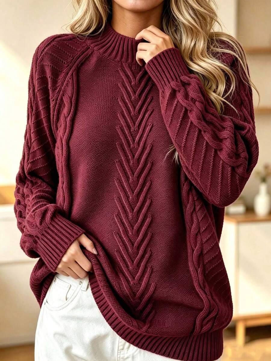Plus Size Crew Neck Casual Long Sleeve Solid Color Knit Sweater - Burgundy - View 1