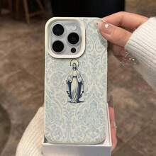 1pc TPU Material Vintage Distressed Blue Pattern Virgin Mary Phone Case Compatible With IPhone 17 Pro Max/17/16 Pro Max/15/13/12/11/ S20 FE/A15/S24/A55/ Note 11/Note 12/Note 13 Pro Full Coverage Anti-Drop Soft Shell Protective Cover - White - View 3