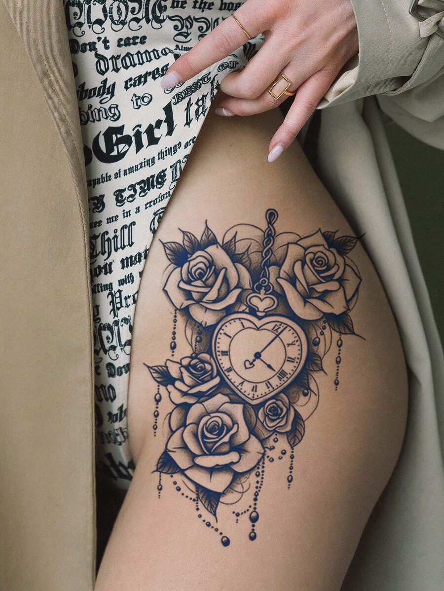 Semi-Permanent Pearl Rose Heart Pocket Watch Pattern Tattoo Sticker, Party Holiday DIY Gift, 1-2 Weeks No Fading, Non-Reflective, Arm Shoulder Back Leg Temporary Waterproof Tattoo Sticker, 1pc/Pack - Blue - View 1