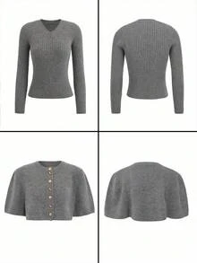 French Sweet Youthful Ribbed Knit Sweater Set Women Autumn/Winter Short Button-Up Cardigan And Long Sleeve Knit Top 2 Pieces Set - Grey - View 8