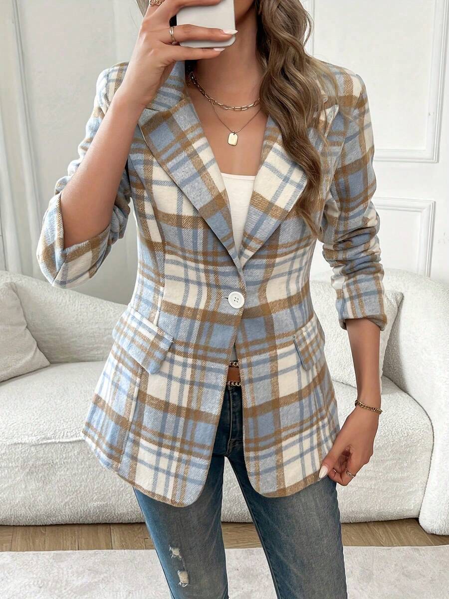 Women's Blue & Brown Plaid Blazer, Long Sleeve Single Button Loose Fit, Polyester Material, Suitable For Autumn Wear, Autumn/Winter Casual Jacket, Autumn/Winter Overcoat - Blue Grid - View 1