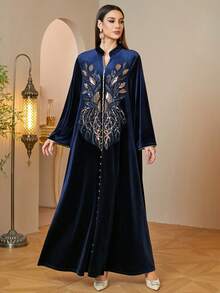 Middle East Autumn/Winter Elegant Women's Velvet Long Robe With Sequin Applique, V-Neck Abaya Long Dress For Home, Daily And Casual Wear - Navy Blue - View 3