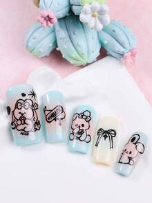 1 pieza Placa de impresión de uñas con diseño de animal de dibujos animados lindo, plantilla de uñas grande con lazo de cinta, conejo, oso y amor, para crear diseños de uñas lindos, herramientas de arte de uñas DIY japonés, suministros de uñas de acero inoxidable para salón - Plateado - Ver 6
