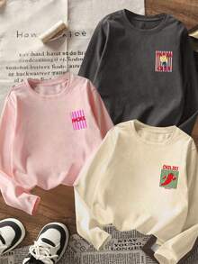 Tween Girls 3 Packs Long Sleeve Tee, Pasta Chili AMORE Food Graphic Print Crew Neck Casual Tops, Back To School Everyday Basic Shirts - Multicolor - View 2