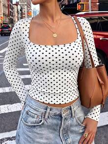GLAMSKIN Women's Autumn Basic Polka Dot Square Neck Long Sleeve Fitted Short Top, White Sexy Fitted T-Shirt, Casual Shirt, Suitable For Back To School And Outings - White Background With Black Dots - View 10