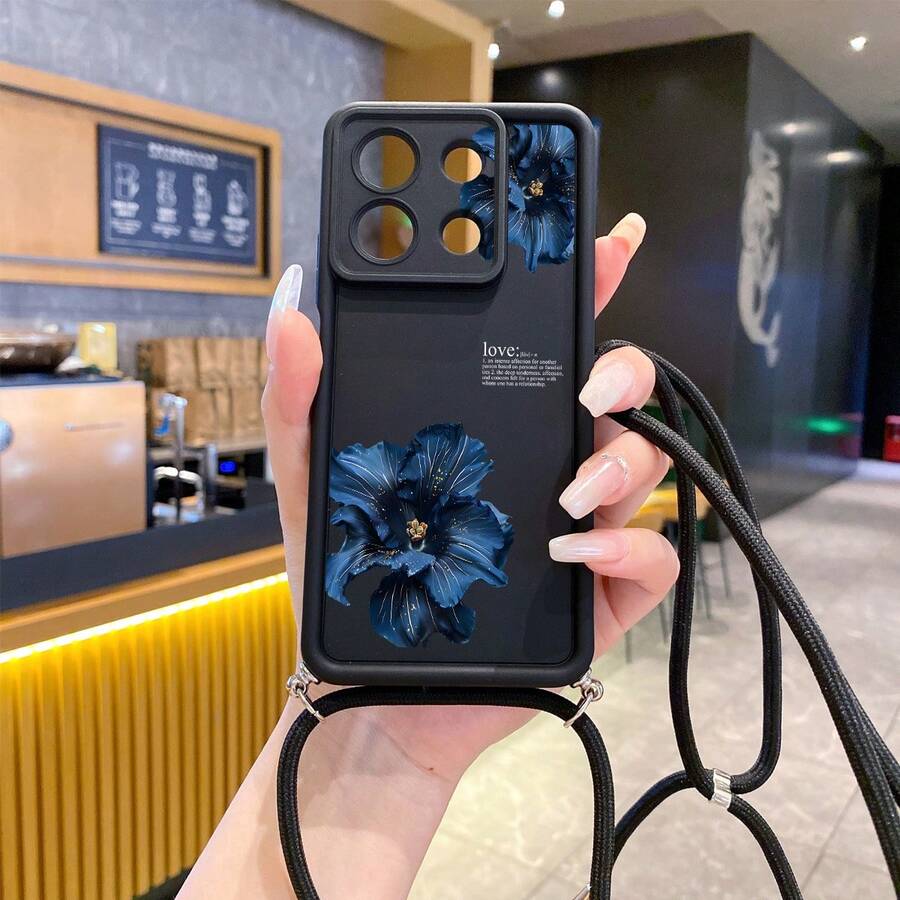 1pc Fashion Pure Android TPU Material Adjustable Lanyard + Blue Diagonal Floral Pattern Lens Protection Thick Anti-Fall Anti-Fingerprint Black Diamond Sand Phone Case Compatible With Samsung/Transsion/HONOR/ - Black - View 1