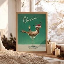 1pc Framed/Unframed Vintage Reindeer Champagne Christmas Funny Canvas Poster Whimsical Xmas Festival Bar Cart Wall Art Print Minimalist Kitchen Cottagecore Decor Rustic Scroll Painting For Dining Room,Living Room,Bedroom,Modern Home Decoration - A - View 2