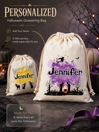 Bolsa de dulces de Halloween personalizada con nombre, bolsa de truco o de Halloween personalizada para niños, bolsa de lona con cordón con diseño de fantasma y calabaza linda, bolsa de regalo para fiesta de Halloween, bolsa de colección de dulces personalizada para niñas y niños, regalo espeluznante de vacaciones, decoración única de Halloween