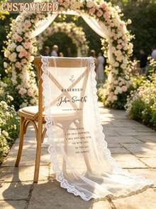 Personalized Linen Lace Wedding Welcome Sign, Customized Name & Date, Wedding Backdrop Banner, Bridal Shower Entrance Decor - Multicolor - View 3