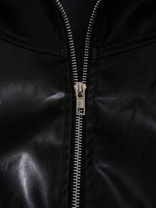 Jaket Kulit PU Longgar Multifungsi Gaya Jalanan Keren untuk Balita, Warna Hitam, Kerah Resleting, Manset Bergaris, Model Motor. - Hitam - View 5