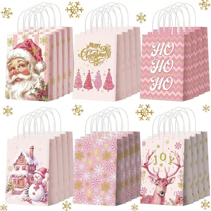 4/12/24pcs Pink Christmas Handbags, Christmas Element Cartoon Print Gift Bags, Multi-Scenario Companion Gift Storage Bags, Christmas Birthday Party Universal Handheld Packaging Bags - Pink - View 1