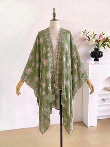 1件優雅花卉刺繡開襟披肩女款和服/圍裙，春夏波希米亞風外套，海灘度假防曬裝飾刺繡開襟衫，適合日常搭配，完美禮物選擇 - 綠色 - 查看 2