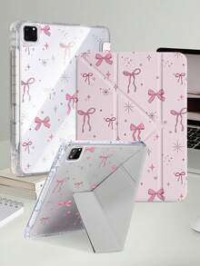 1件 粉色蝴蝶結星星愛心平板保護殼，適用於 iPad Mini6/7/Air/Air2/9.7/10.2/10.5/10.9 (Air4-Air8)/Pro 11/10th Gen/A16/Pro 11 2024，雙面彩繪圖案，透明壓克力背殼，絲綢質感 8 折支架，自動休眠/喚醒，內置筆槽，不含筆，部分機型附相機框 - 彩色 - 查看 2