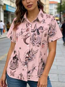 Women's Retro Mermaid Pattern Pink Shirt, Tattoo Style Short Sleeve Button-Up Blouse, Loose Fit Casual Summer Top - Pink - View 4