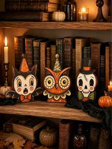 Decoración de Halloween Vintage para Interiores, Estantería de Bloque de Madera Retro, Fantasma Lindo, Calabaza, Gato Negro, Esqueleto, Búho Bruja, Regalo de Inauguración de Casa - Ver 7