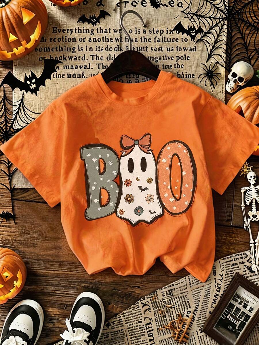 [Halloween] Tween Girl Print Pullover Short-Sleeve Cotton T-Shirt, Student And Young Children's Clothing, Summer Outfit Tops For Kids