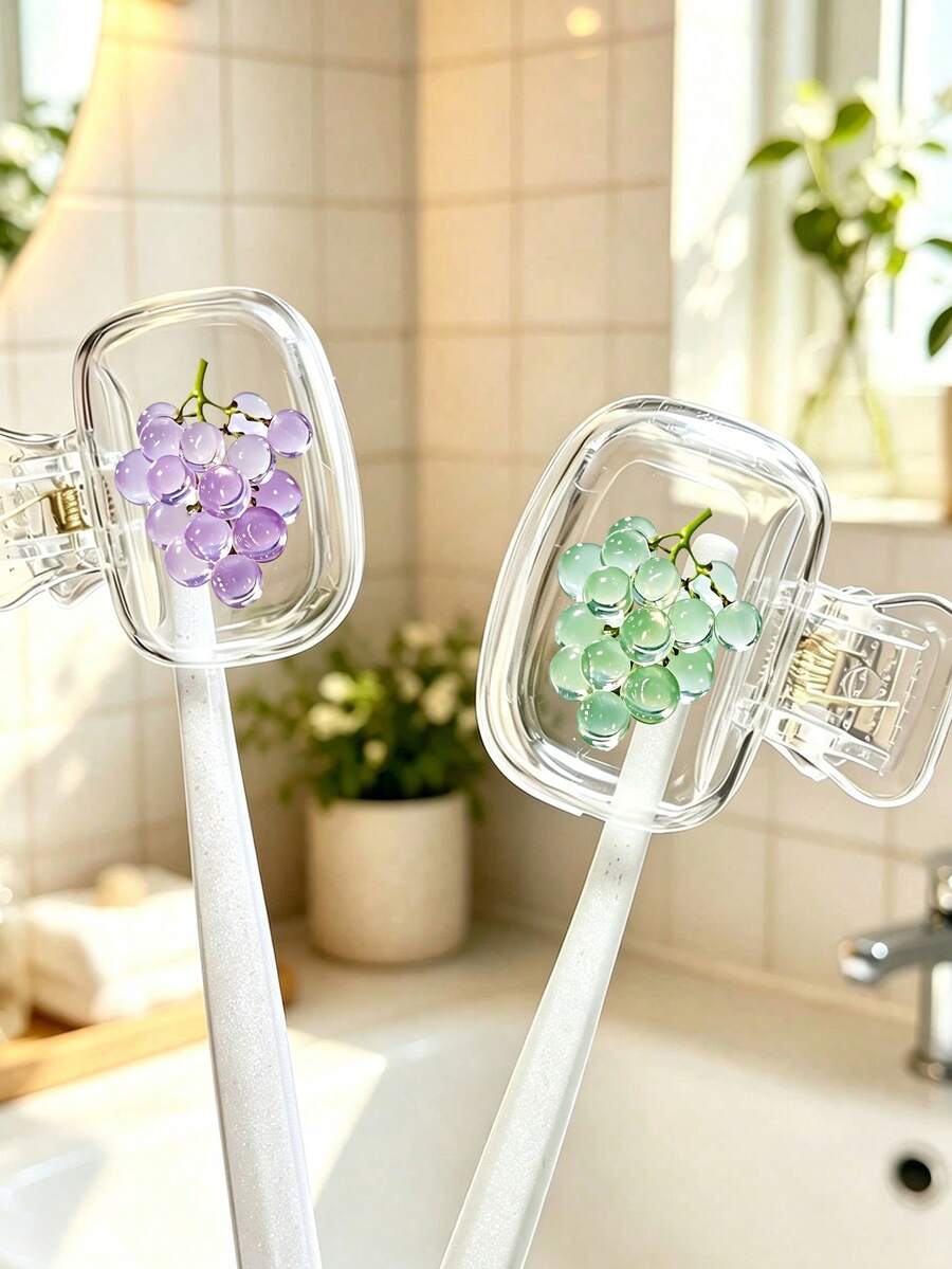 Crystal Grape Pattern Toothbrush Holder, Suitable For Various Sizes Of Toothbrushes, With Ventilation Holes To Keep Toothbrush Heads Clean And Dry. Grape Pattern Transparent Dust-Proof Toothbrush Cover, Suitable For Women And Girls Travel Toothbrush Protection Cover, Portable Hygienic Toothbrush Cover, Bathroom Aesthetic Cute Bathroom Accessory, Travel, Daily Use, Transparent Clip-On Toothbrush Protection Cover, Suitable For Home And Travel Use, Home Gift, Back To School Season, Back To School Gift - Multicolor - View 1