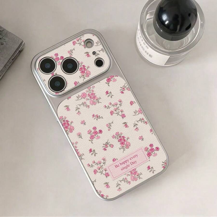 1pc Silver Frame Beige Litchi Texture Pink Rose Floral English Slogan Phone Case, Large Window Lens Full Coverage Soft Edge Hard Shell, Compatible With Apple Series, Gentle French Girl Style Anti-Drop Protective Case - Silver - View 1