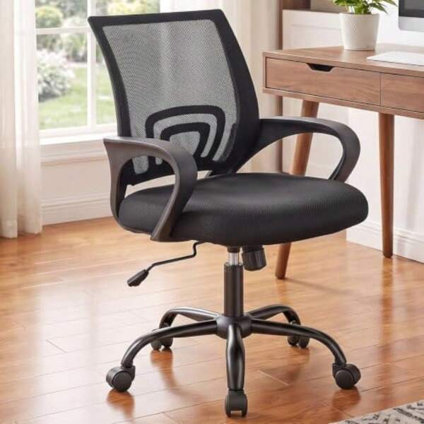 Ergonomic Office Chair, Executive Desk Chair With Lumbar Support Mid Back, Breathable Backrest, Fixed Armrest, Height Adjustable, 360° Swivel, Computer Gaming, Meeting, Black
