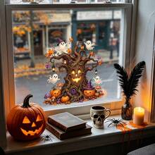 1pc Cute Halloween Static Window Cling, Witch Crow, Candy Skull, Spooky Ghost Tree, Reading Wizard Ghost Design, Removable Waterproof Sticker, Suitable For Front Door, Bedroom, Living Room, Autumn Thanksgiving Holiday Party Decoration - Multicolor - View 12