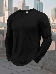 Men's Solid Black Crew Neck Long Sleeve Casual Tee Basic Daily Versatile Top Simple Minimalist Streetwear Fashion Outfit - Black - View 3