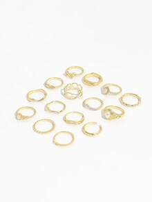 15 piezas de anillos vintage de perlas falsas y cristales, anillos apilables de banda lisa con diseños geométricos cuadrados, lazos y ondas en color dorado, joyería de mano para mujeres - Dorado - Ver 5