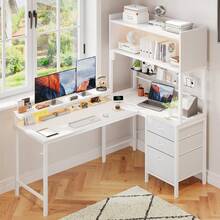 Devoko L-Shaped Gaming Desk With LED Lighting, Computer Desk With Hutch, 3 Fabric Drawers, Monitor Stand, Hooks And Metal Frame, Black/White - 查看 2