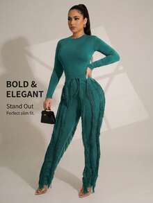 CALEBGAR Women's 2 Piece Lounge Set Long Sleeve Fringe Top & Athletic Pants Fall Winter Casual Dance Outfit - 綠色 - 查看 2