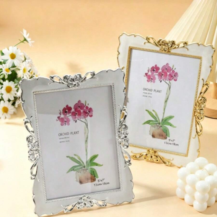 1pc European Style Wooden Inlaid Beige Crystal Adhesive Photo Frame, Suitable For Indoor Decor, Halloween Decoration, Christmas Decoration