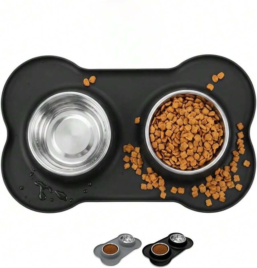 Double Stainless Steel Dog Bowls With Non-Slip Silicone Mat,Pets Food Bowl Set, Non-Slip & Dishwasher , Small Dog Bowls For Puppies & Cats, Suitable For Tiny Pets Under 8lbs,Extra Small,Black/Grey UYAU - Black - View 1