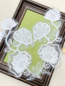 2pcs/Set White Pair Beaded Floral Embroidery Applique, Sheer Tulle Flower Leaf Patch, Sew On Decorative Motif For Wedding Dress Evening Gown - White - View 5