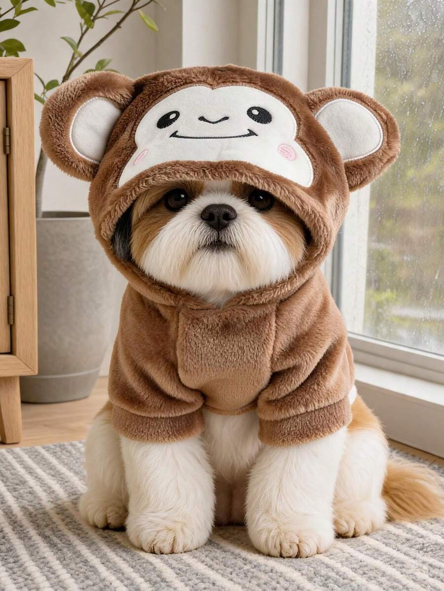 PETCIRCLE 1PC Pet Clothes Small Dog Puppy Cat Cute Soft Warm Windproof Plush Short Transformation Outfit - Obedient Monkey - Brown - View 1