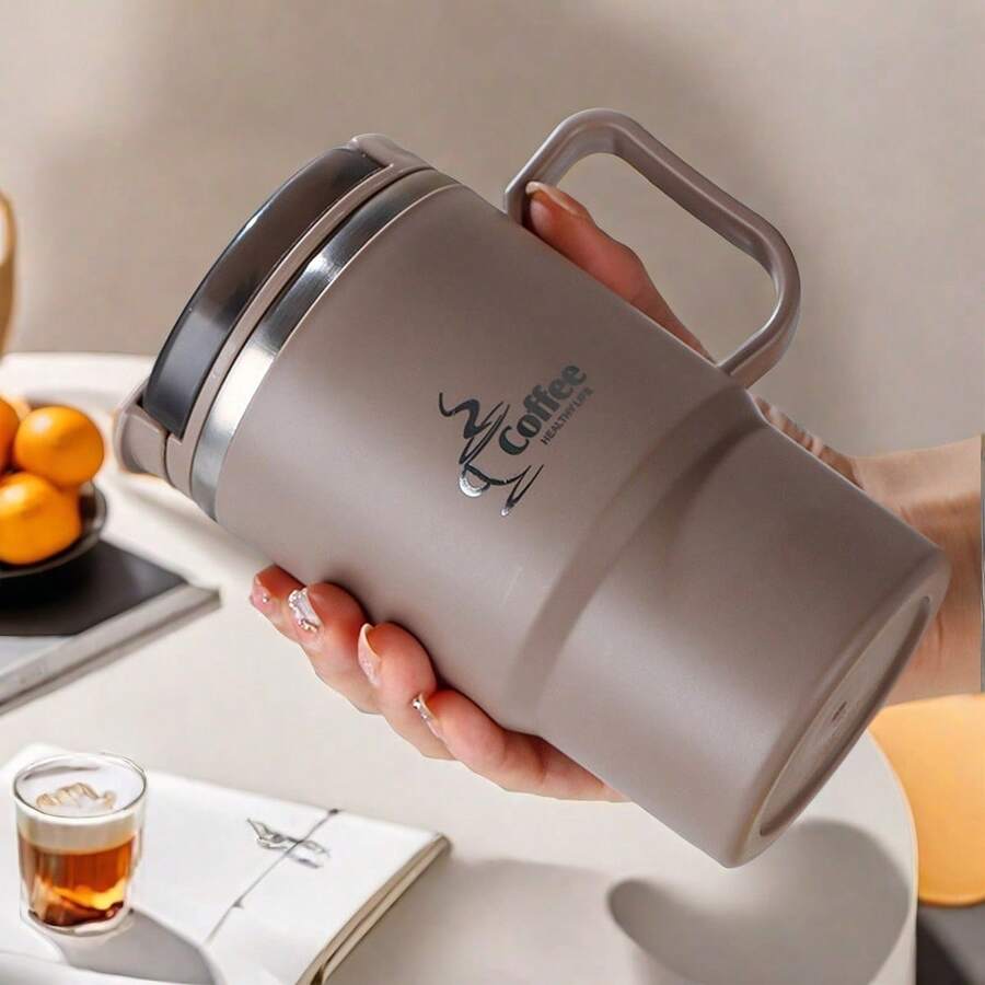 1個 500/550ml 304不鏽鋼咖啡杯，附茶濾網、折疊湯匙與手把，雙層保溫隔熱奶茶咖啡水杯，防燙防漏飲水杯，適合成人學生居家、學校、辦公室、野餐、旅行使用