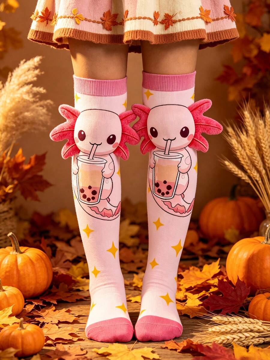 1 Pair Cute 3D Salamander Knee-High Socks For Kids, Fun Cartoon Long Socks, Girls Back To School Autumn, Halloween, Thanksgiving, Christmas Children's Gift - Multicolor - View 1
